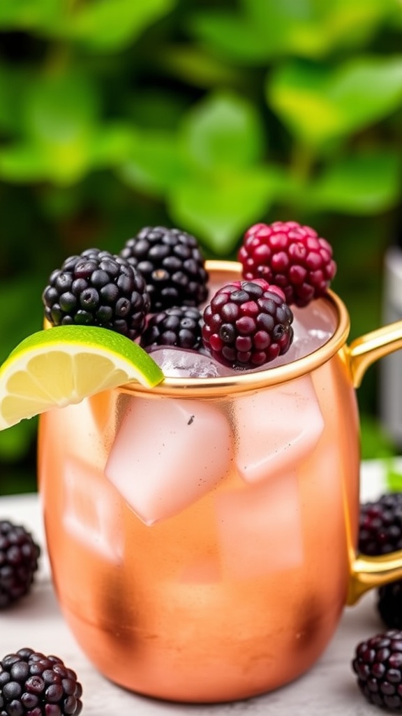 A refreshing Blackberry Vodka Mule in a copper mug with ice, blackberries, and lime garnish.